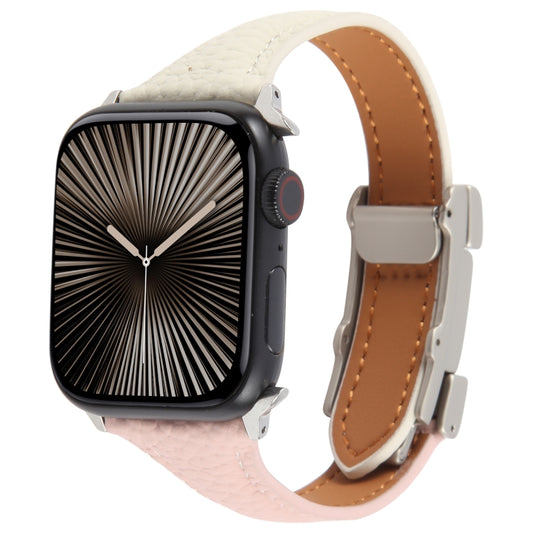 For Apple Watch 46mm / 49mm / 45mm / 44mm Slim Magnetic Buckle Genuine Leather Watch Band(Pink Beige) by bashfashion