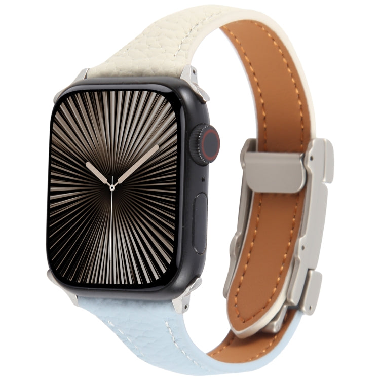For Apple Watch 46mm / 49mm / 45mm / 44mm Slim Magnetic Buckle Genuine Leather Watch Band(Blue Beige) by bashfashion