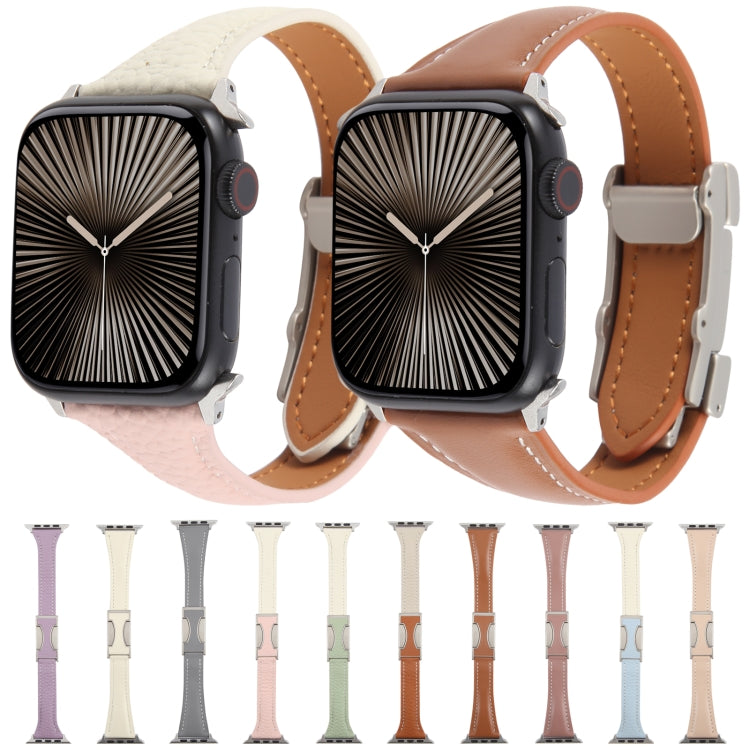 For Apple Watch 46mm / 49mm / 45mm / 44mm Slim Magnetic Buckle Genuine Leather Watch Band(Light Pink) by bashfashion