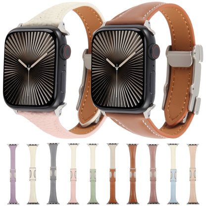 For Apple Watch 46mm / 49mm / 45mm / 44mm Slim Magnetic Buckle Genuine Leather Watch Band(Light Pink) by bashfashion