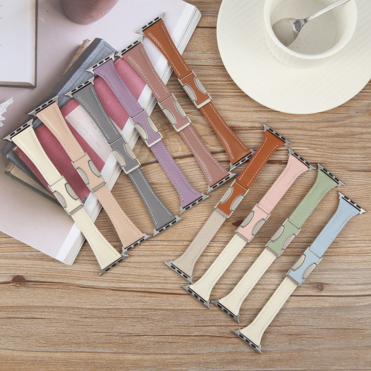 For Apple Watch 46mm / 49mm / 45mm / 44mm Slim Magnetic Buckle Genuine Leather Watch Band(Beige) by bashfashion