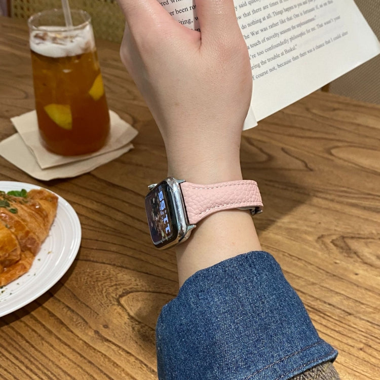 For Apple Watch 46mm / 49mm / 45mm / 44mm Slim Magnetic Buckle Genuine Leather Watch Band(Light Pink) by bashfashion