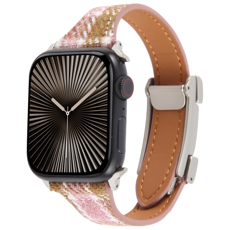 For Apple Watch 46mm / 49mm / 45mm / 44mm Slim Magnetic Buckle Napped Fabric Leather Watch Band(Pink) by bashfashion