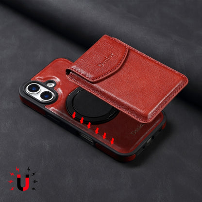 For iPhone 16 Plus Denior D22 Genuine Leather MagSafe Holder Detachable Card Slot Phone Case(Brown) by Denior