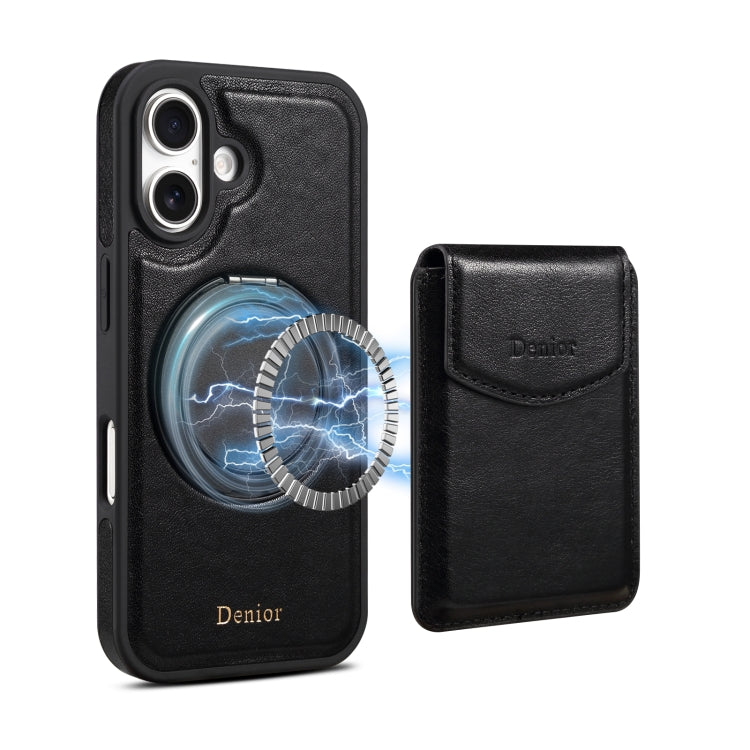 For iPhone 16 Denior D22 Genuine Leather MagSafe Holder Detachable Card Slot Phone Case(Black) by Denior