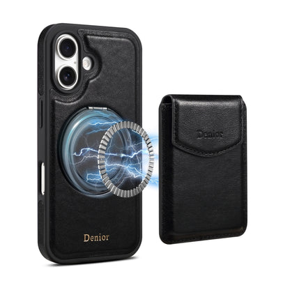 For iPhone 16 Denior D22 Genuine Leather MagSafe Holder Detachable Card Slot Phone Case(Black) by Denior
