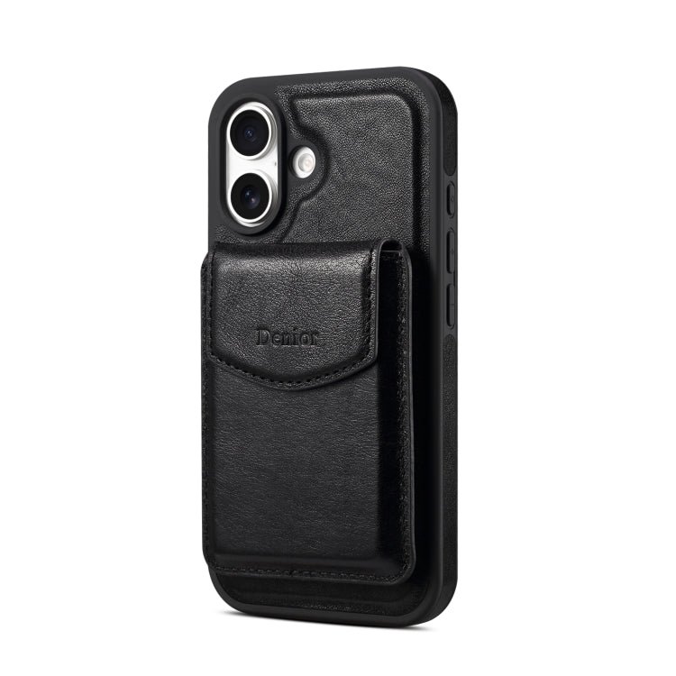 For iPhone 16 Denior D22 Genuine Leather MagSafe Holder Detachable Card Slot Phone Case(Black) by Denior