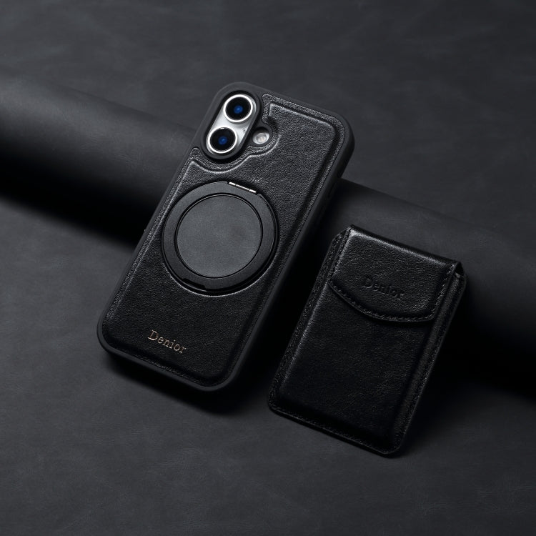 For iPhone 16 Denior D22 Genuine Leather MagSafe Holder Detachable Card Slot Phone Case(Black) by Denior