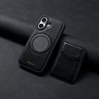 For iPhone 16 Denior D22 Genuine Leather MagSafe Holder Detachable Card Slot Phone Case(Black) by Denior