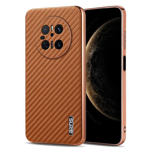 For Huawei Mate 70 AZNS Electroplated Edge Carbon Fiber Texture Phone Case(Brown) by AZNS