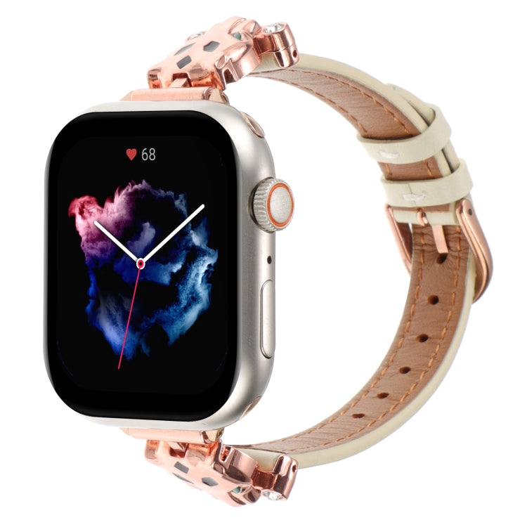 For Apple Watch 46mm / 49mm / 45mm / 44mm Leopard Head Genuine Leather Watch Band(White Rose Gold) by bashfashion