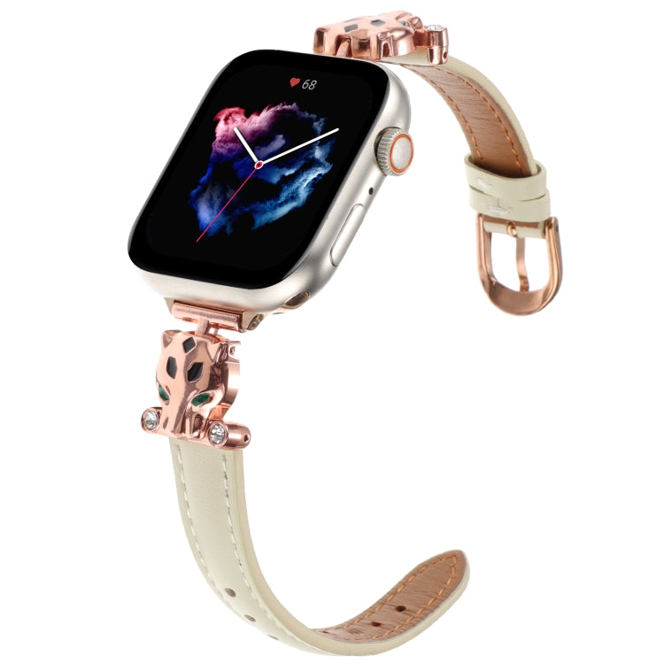 For Apple Watch 46mm / 49mm / 45mm / 44mm Leopard Head Genuine Leather Watch Band(White Rose Gold) by bashfashion