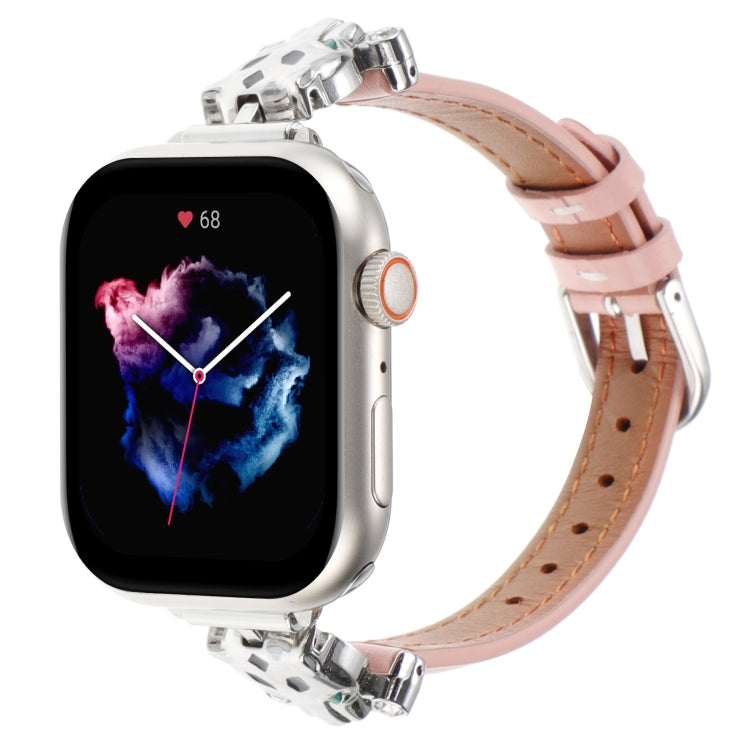 For Apple Watch 46mm / 49mm / 45mm / 44mm Leopard Head Genuine Leather Watch Band(Pink Silver Buckle) by bashfashion