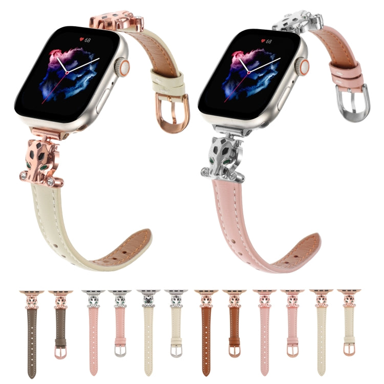 For Apple Watch 46mm / 49mm / 45mm / 44mm Leopard Head Genuine Leather Watch Band(White Rose Gold) by bashfashion