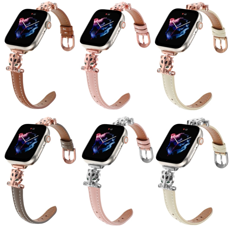 For Apple Watch 46mm / 49mm / 45mm / 44mm Leopard Head Genuine Leather Watch Band(White Rose Gold) by bashfashion