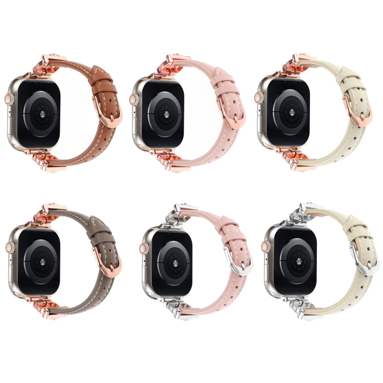 For Apple Watch 46mm / 49mm / 45mm / 44mm Leopard Head Genuine Leather Watch Band(White Rose Gold) by bashfashion