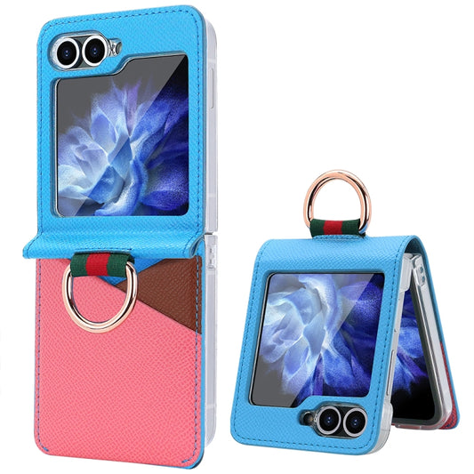 For Samsung Galaxy Z Flip5 VIETAO Metal Ring Card Slot PU Phone Case(Blue Pink) by VIETAO