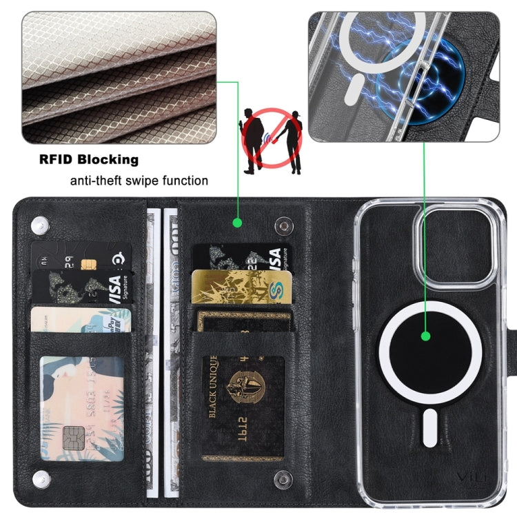 For iPhone 15 ViLi GVS-C Series MagSafe Magnetic RFID Leather Flip Phone Case(Black) by ViLi