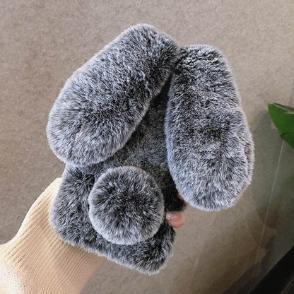 For iPhone 12 mini 3D Cute Long-eared Rabbit Plush Full Coverage Phone Case(Gray) by bashfashion
