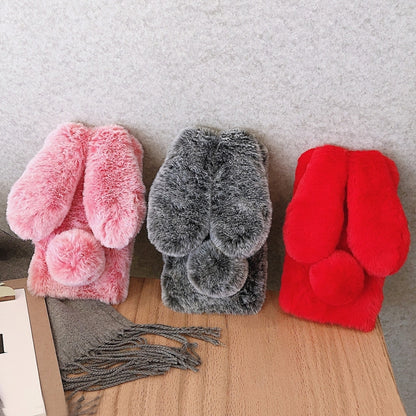 For iPhone 12 mini 3D Cute Long-eared Rabbit Plush Full Coverage Phone Case(Red) by bashfashion