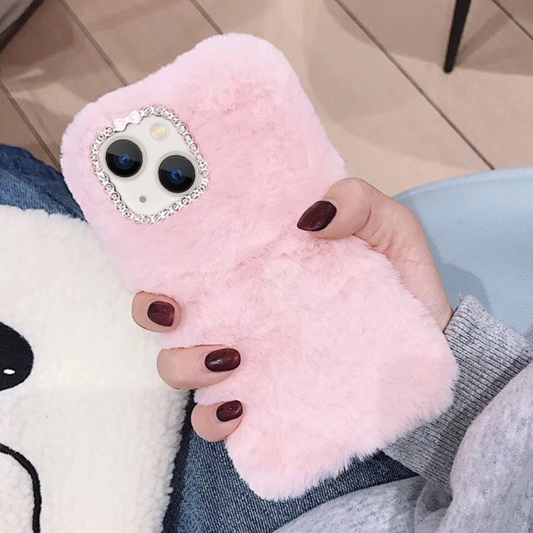 For iPhone 13 mini Diamond Lens Ring Solid Color Plush Phone Case(Pink) by bashfashion