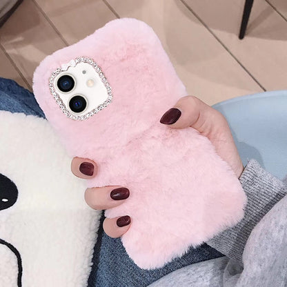 For iPhone 12 mini Diamond Lens Ring Solid Color Plush Phone Case(Pink) by bashfashion