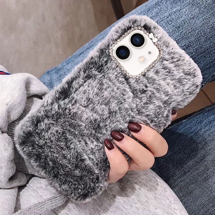 For iPhone 12 mini Diamond Lens Ring Solid Color Plush Phone Case(Gray) by bashfashion