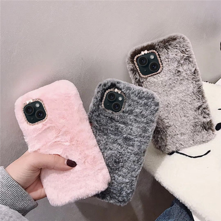 For iPhone 13 mini Diamond Lens Ring Solid Color Plush Phone Case(Pink) by bashfashion
