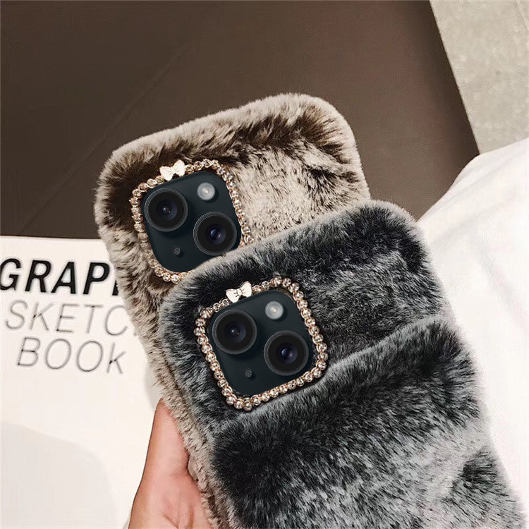 For iPhone 13 mini Diamond Lens Ring Solid Color Plush Phone Case(Pink) by bashfashion