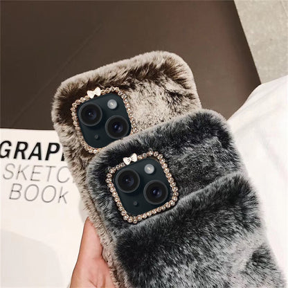 For iPhone 13 mini Diamond Lens Ring Solid Color Plush Phone Case(Pink) by bashfashion
