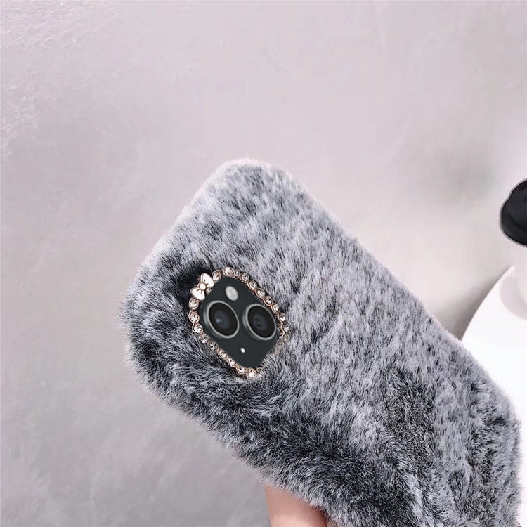 For iPhone 12 mini Diamond Lens Ring Solid Color Plush Phone Case(Pink) by bashfashion
