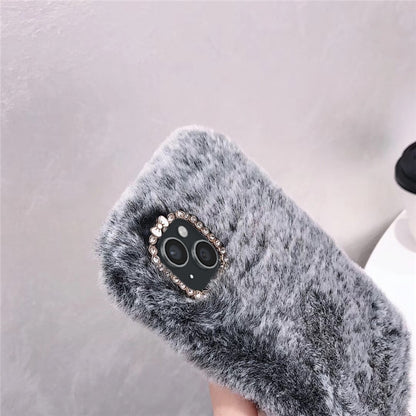 For iPhone 12 mini Diamond Lens Ring Solid Color Plush Phone Case(Gray) by bashfashion