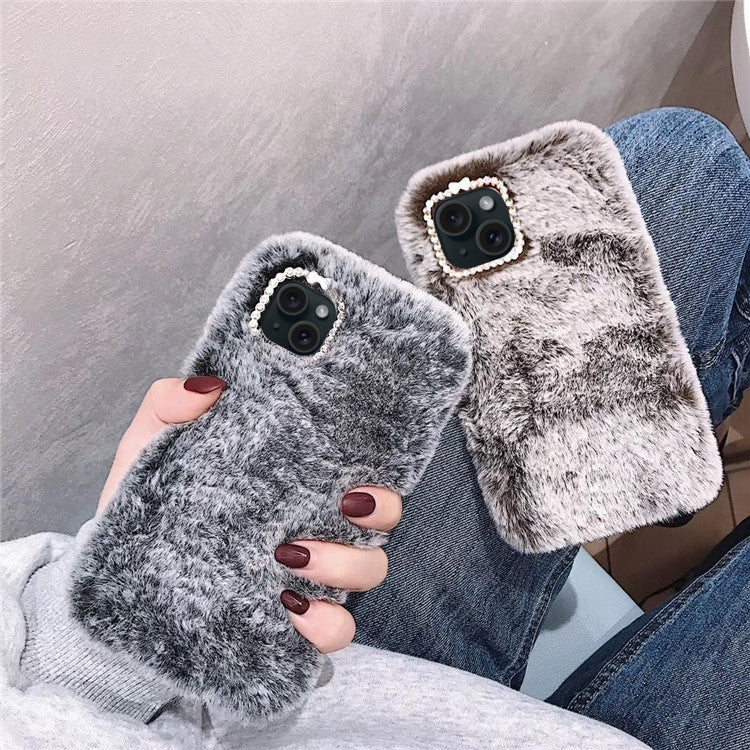 For iPhone 12 mini Diamond Lens Ring Solid Color Plush Phone Case(Gray) by bashfashion