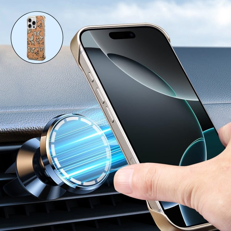 For iPhone 16 Denior A18 WoodenPaint MagSafe Phone Case(Butterflies) by Denior