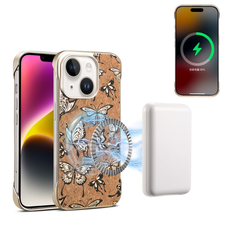 For iPhone 15 Plus / 14 Plus Denior A18 WoodenPaint MagSafe Phone Case(Butterflies) by Denior