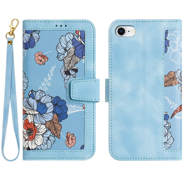 For iPhone 16e Floral Pattern Leather Phone Case with Lanyard(Light Blue) by bashfashion