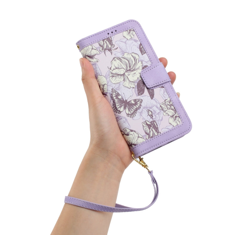For iPhone 16e Floral Pattern Leather Phone Case with Lanyard(Light Purple) by bashfashion
