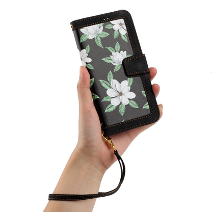 For iPhone 16e Floral Pattern Leather Phone Case with Lanyard(Black) by bashfashion