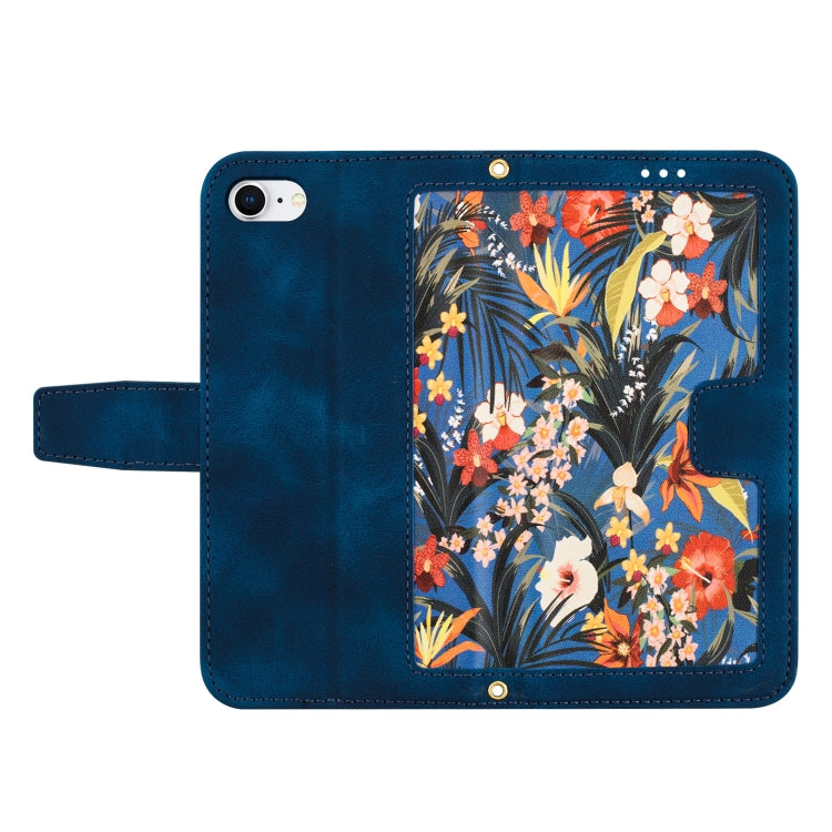 For iPhone 16e Floral Pattern Leather Phone Case with Lanyard(Dark Blue) by bashfashion