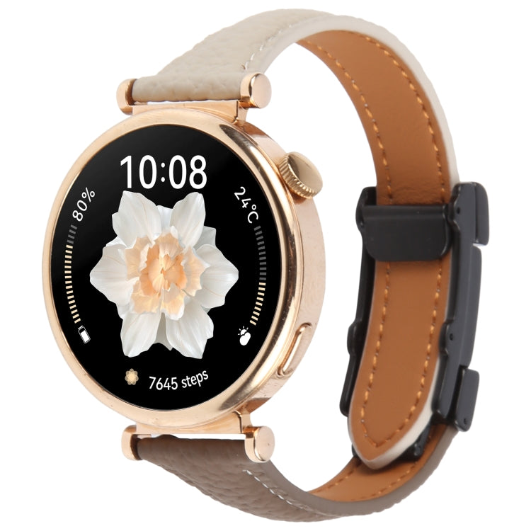 18mm Universal Slim Magnetic Buckle Genuine Leather Watch Band(Dark Brown Light Grey) by bashfashion