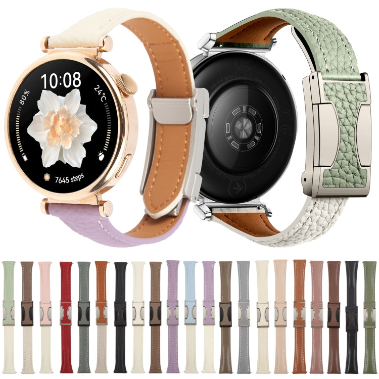 18mm Universal Slim Magnetic Buckle Genuine Leather Watch Band(Dark Brown Light Grey) by bashfashion