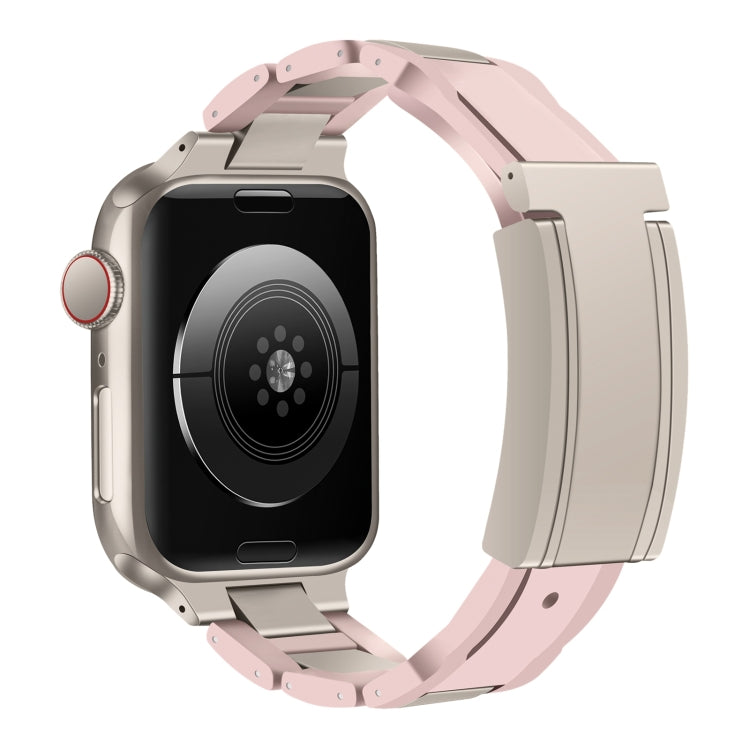For Apple Watch 46mm / 49mm / 45mm / 44mm T-shaped Magnetic Buckle Stainless Steel Rubber Watch Band(Pink Starlight Buckle) by bashfashion