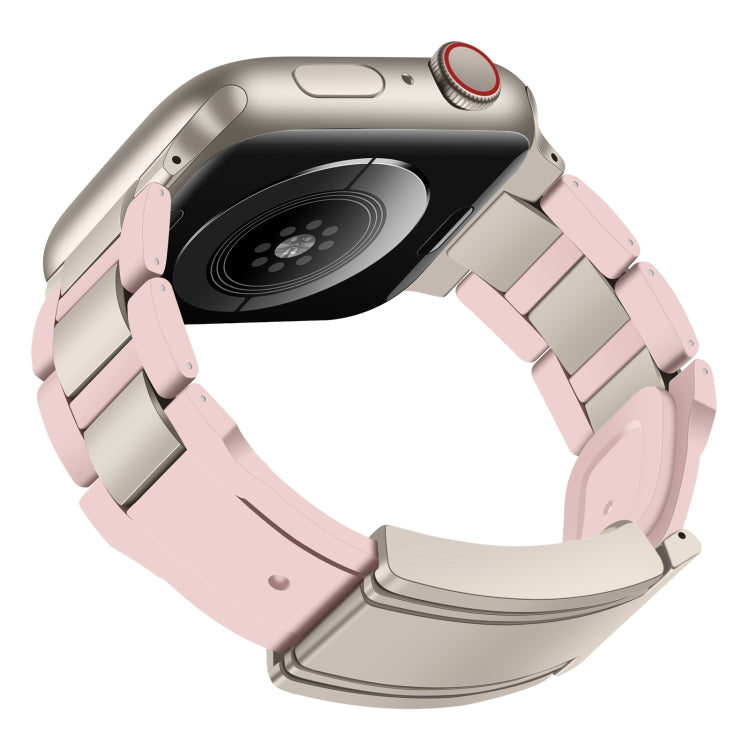 For Apple Watch 46mm / 49mm / 45mm / 44mm T-shaped Magnetic Buckle Stainless Steel Rubber Watch Band(Pink Starlight Buckle) by bashfashion
