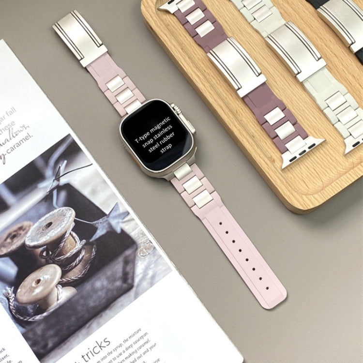 For Apple Watch 46mm / 49mm / 45mm / 44mm T-shaped Magnetic Buckle Stainless Steel Rubber Watch Band(Pink Starlight Buckle) by bashfashion