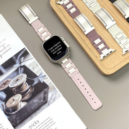 For Apple Watch 46mm / 49mm / 45mm / 44mm T-shaped Magnetic Buckle Stainless Steel Rubber Watch Band(Pink Starlight Buckle) by bashfashion