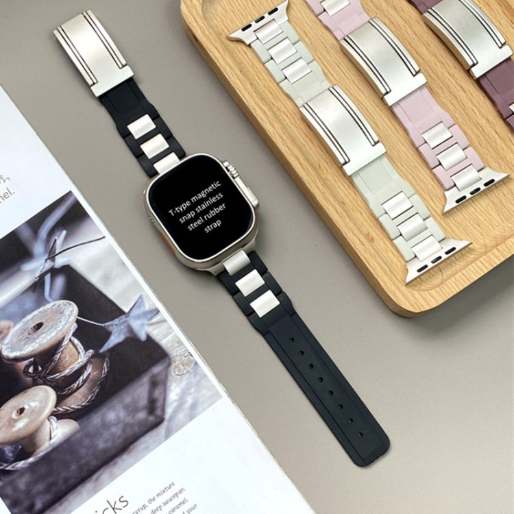 For Apple Watch 46mm / 49mm / 45mm / 44mm T-shaped Magnetic Buckle Stainless Steel Rubber Watch Band(Black Starlight Buckle) by bashfashion