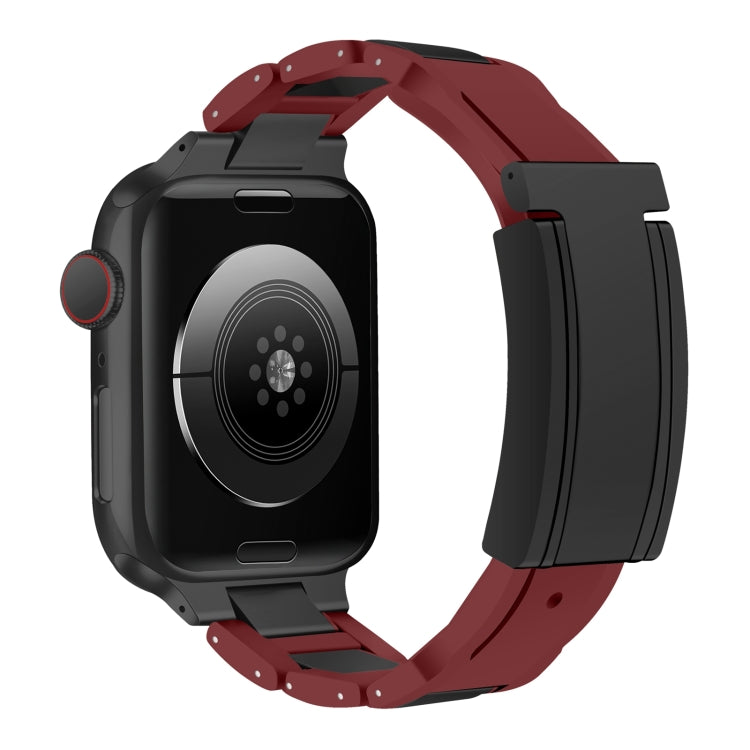 For Apple Watch 46mm / 49mm / 45mm / 44mm T-shaped Magnetic Buckle Stainless Steel Rubber Watch Band(Wine Red Black Buckle) by bashfashion