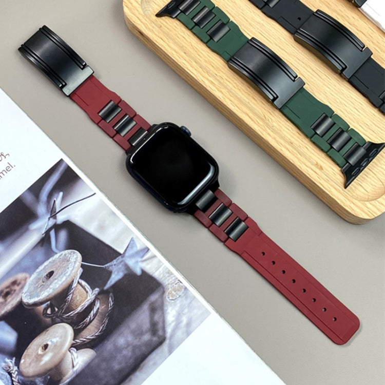 For Apple Watch 46mm / 49mm / 45mm / 44mm T-shaped Magnetic Buckle Stainless Steel Rubber Watch Band(Wine Red Black Buckle) by bashfashion