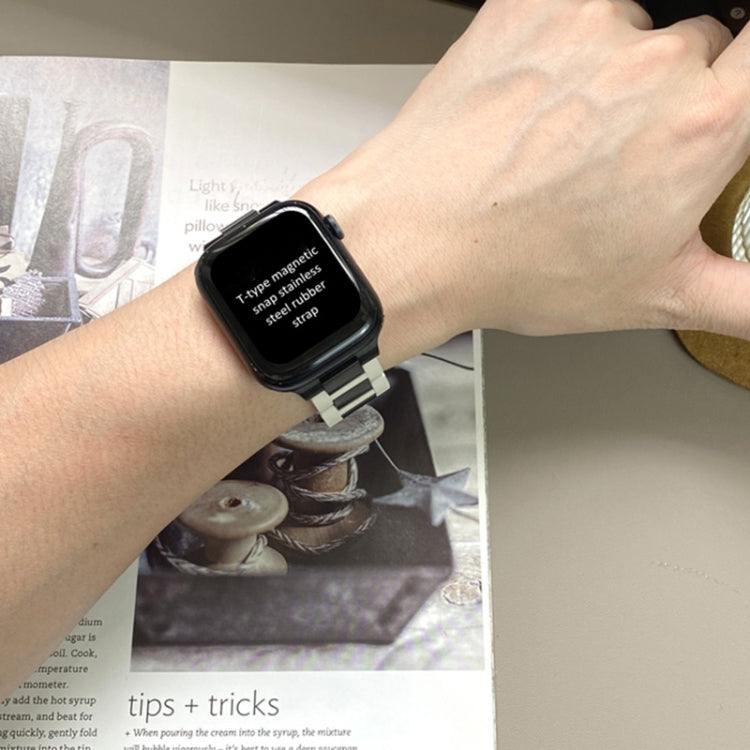 For Apple Watch 46mm / 49mm / 45mm / 44mm T-shaped Magnetic Buckle Stainless Steel Rubber Watch Band(Beige Black Buckle) by bashfashion