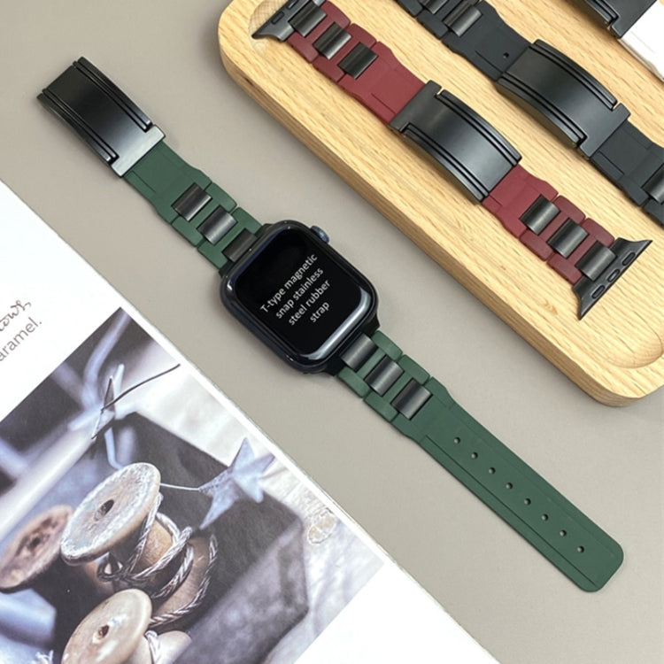 For Apple Watch 46mm / 49mm / 45mm / 44mm T-shaped Magnetic Buckle Stainless Steel Rubber Watch Band(Pine Green Black Buckle) by bashfashion